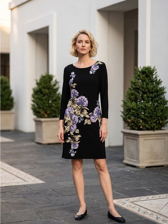 White House Black Market Dresses & Skirts - White House Black Market Black Midi Dress with Purple Floral Print